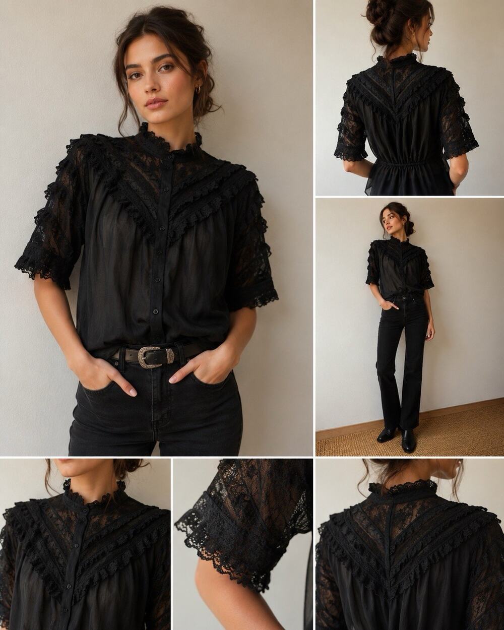 RRL Ralph Lauren Black Silk Lace Victorian Sheer Ruffle Button Blouse Small